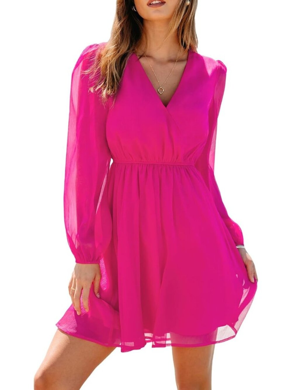 Women's Hot Pink Fall Floral Long Sleeve V Neck Boho Mini Wedding Guest Dresses